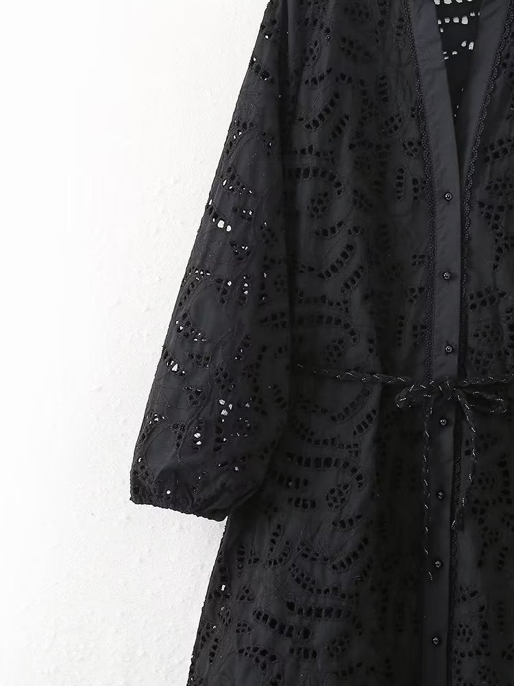 Women  French Long Sleeve V neck Dress Sexy Cutout Jacquard Black Home Wear