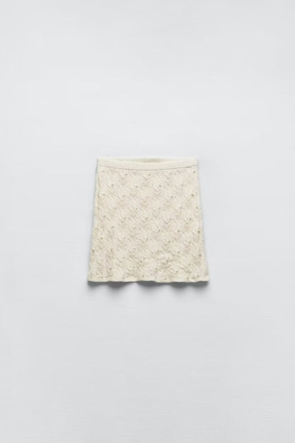 Women  Artificial Pearl Knitted Top High Waist Skirt   Set
