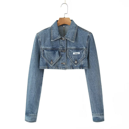 Sexy Wear Short Denim Jacket Women Early Autumn Retro Slim Collared Slimming Jacket Top