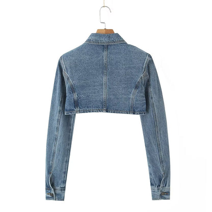 Sexy Wear Short Denim Jacket Women Early Autumn Retro Slim Collared Slimming Jacket Top