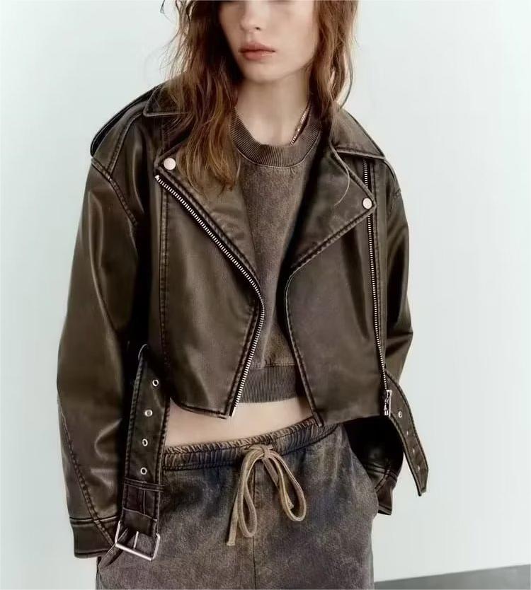 Cropped Leather Coat Women Autumn Winter Fashionable Slim Washed Gradient Color Motorcycle Clothing Jacket