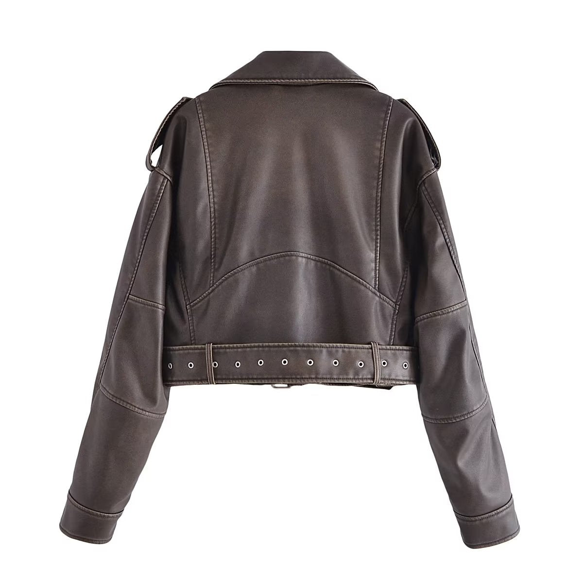 Cropped Leather Coat Women Autumn Winter Fashionable Slim Washed Gradient Color Motorcycle Clothing Jacket