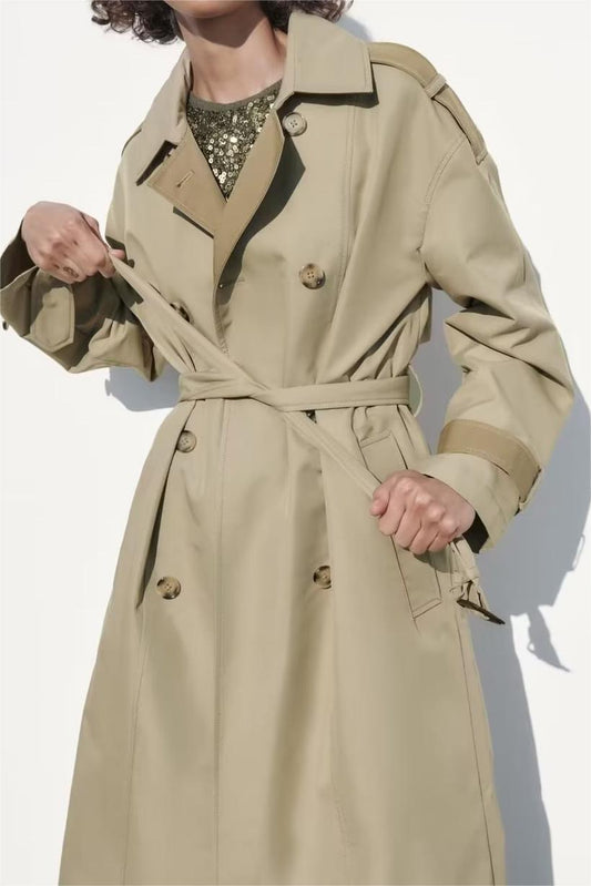 Fall Women Clothing Collared Long Sleeve Contrast Color Loose Trench Coat