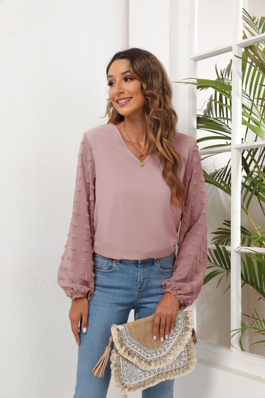 Spring Summer Women Clothing V neck Chiffon Shirt Stitching Long Sleeved Top Women with Lining