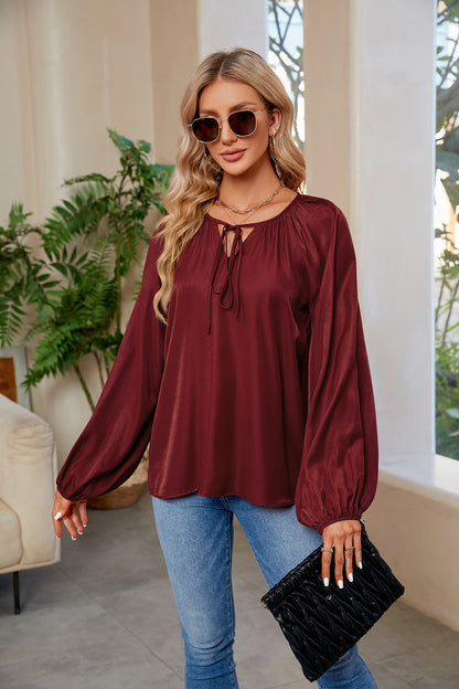 Satin Silk Shirt Women Clothing Lantern Long Sleeve Loose V Neck Lace Up Top