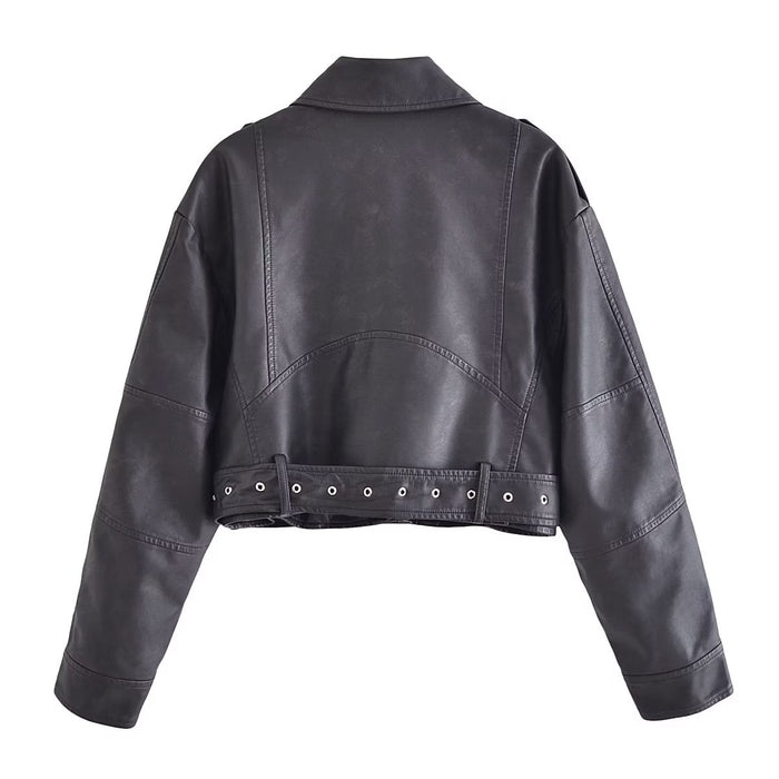 Spring Women Clothing Zipper Ornament Motorcycle Leather Coat Black Leather Jacket Coat