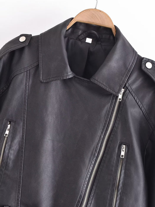 Spring Women Clothing Zipper Ornament Motorcycle Leather Coat Black Leather Jacket Coat