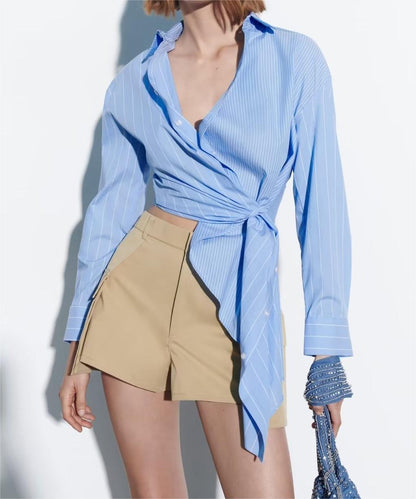 Women Clothing Loose Vertical Stripes Printed Hem Irregular Asymmetric Lace Up Long Sleeve Shirt