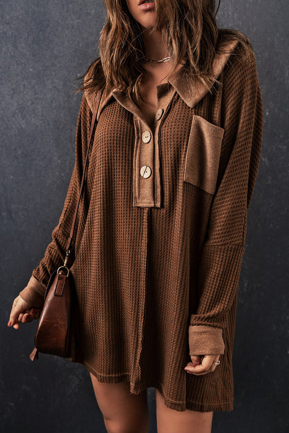 Brown Mineral Dyed Vintage Waffle Smock Top Women Loose All Match T shirt