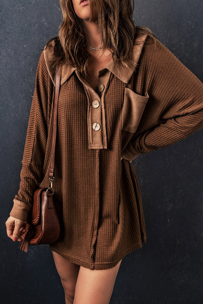 Brown Mineral Dyed Vintage Waffle Smock Top Women Loose All Match T shirt