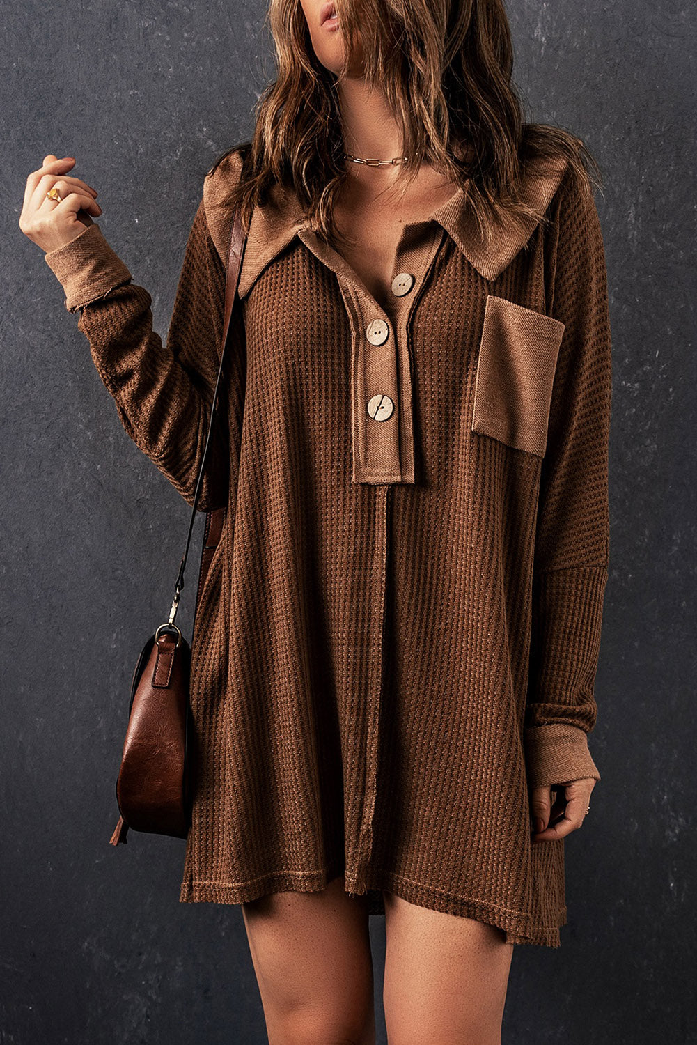 Brown Mineral Dyed Vintage Waffle Smock Top Women Loose All Match T shirt