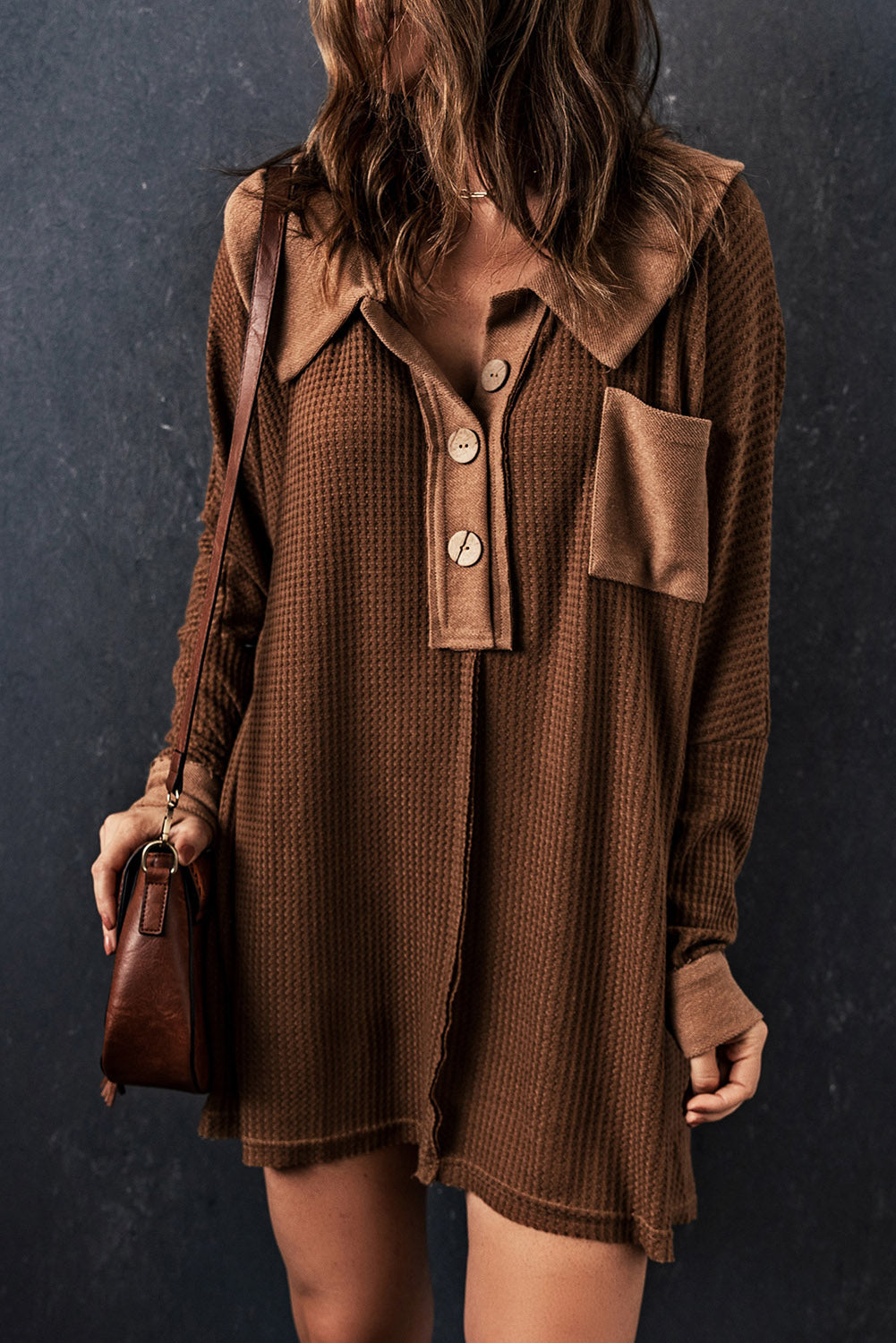 Brown Mineral Dyed Vintage Waffle Smock Top Women Loose All Match T shirt