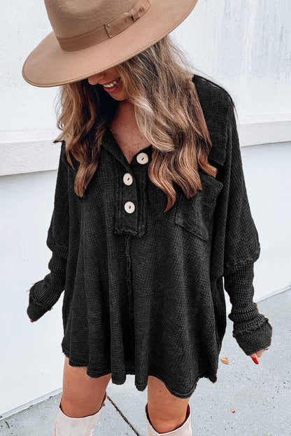 Brown Mineral Dyed Vintage Waffle Smock Top Women Loose All Match T shirt