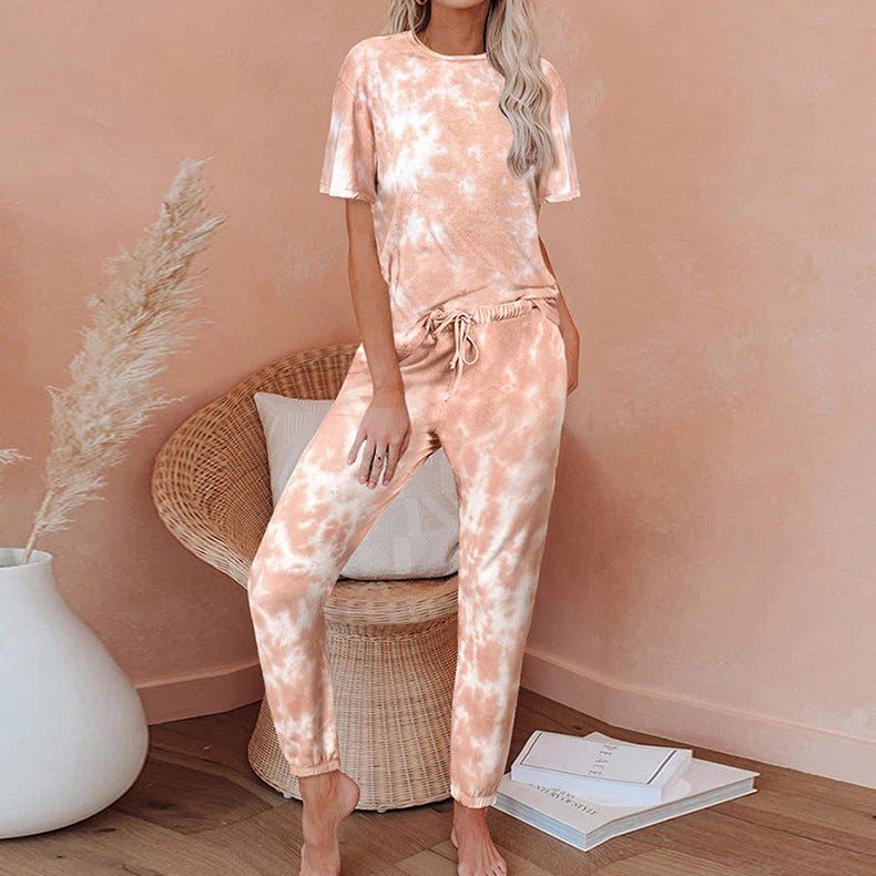 Women Short Sleeve Gradient Print Tie Dye Pajamas Home Wear