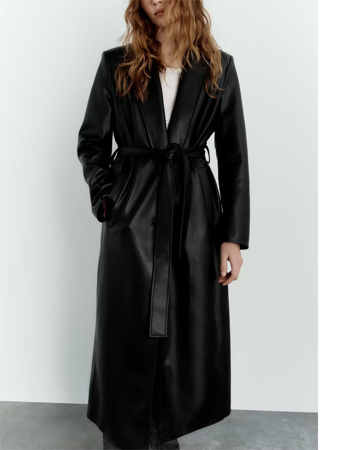 Autumn Winter Casual Retro Long Black Faux Leather Trench Coat Women