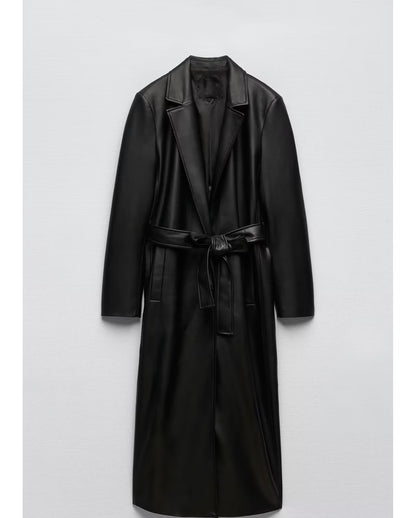 Autumn Winter Casual Retro Long Black Faux Leather Trench Coat Women