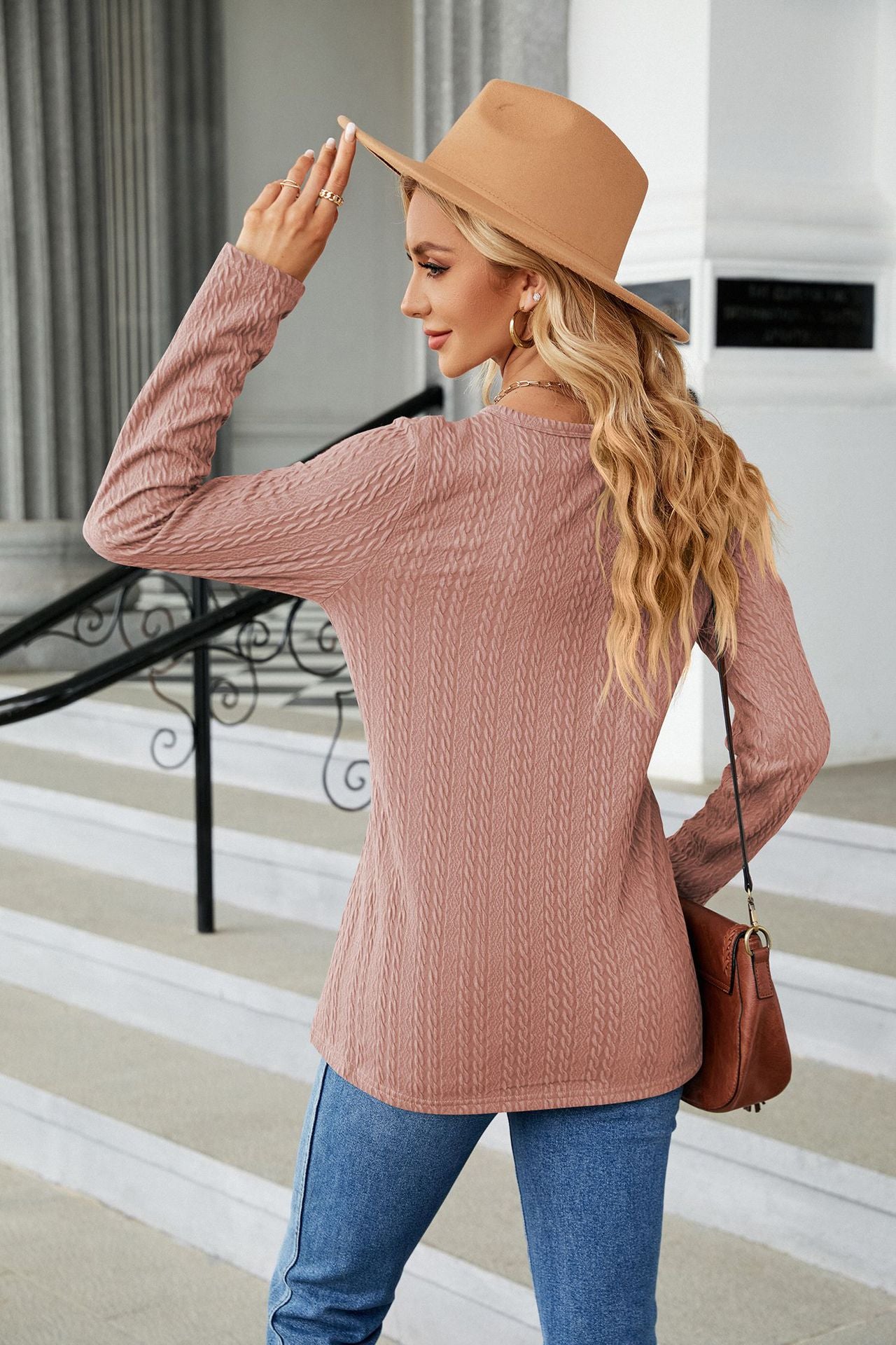 Autumn Winter Solid Color V neck Button Loose Long Sleeved T shirt Top Women Clothing Button