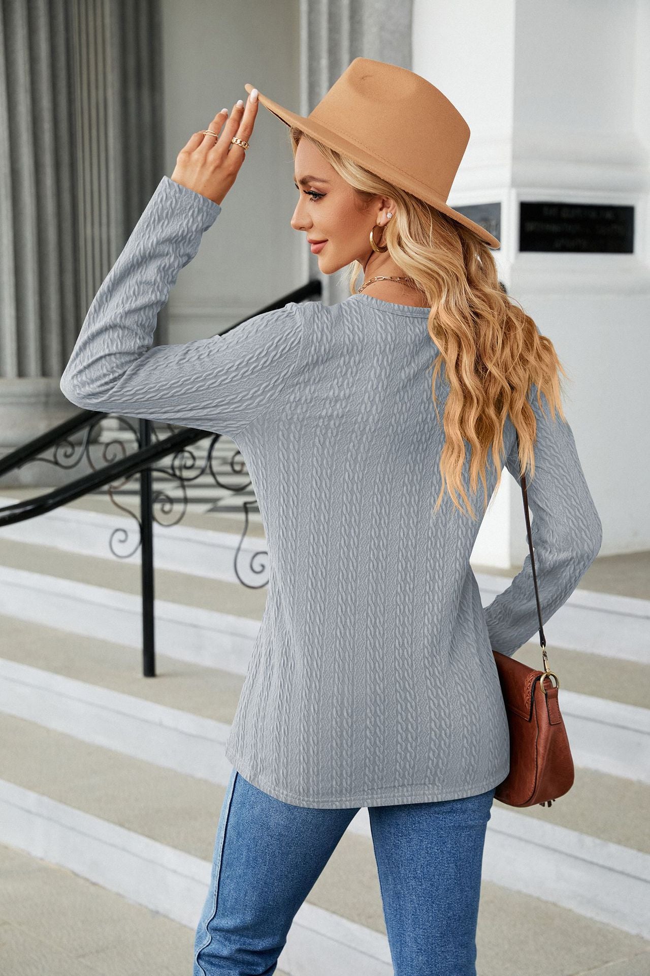 Autumn Winter Solid Color V neck Button Loose Long Sleeved T shirt Top Women Clothing Button