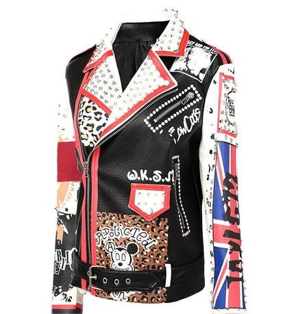 Graffiti Printing Leather Coat  Motorcycle Clothing Heavy Rivets Punk Leather Jacket