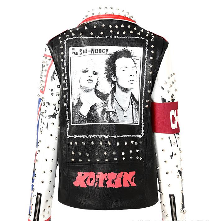 Graffiti Printing Leather Coat  Motorcycle Clothing Heavy Rivets Punk Leather Jacket