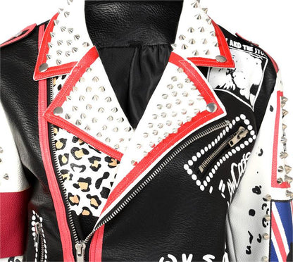 Graffiti Printing Leather Coat  Motorcycle Clothing Heavy Rivets Punk Leather Jacket