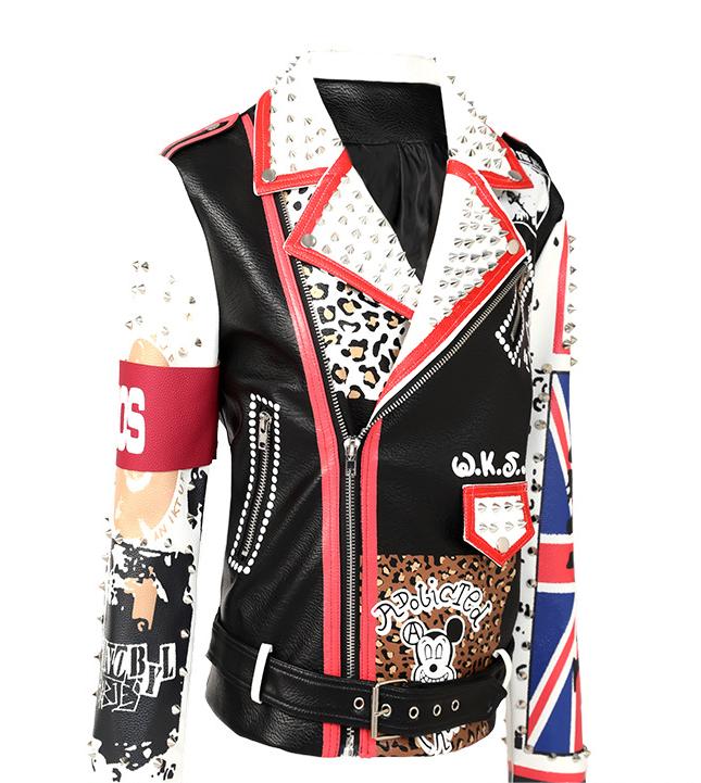 Graffiti Printing Leather Coat  Motorcycle Clothing Heavy Rivets Punk Leather Jacket