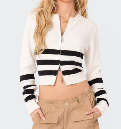 Simple Double Zipper Design Small Sweater Summer Long Sleeve Top Crew Neck Striped Short Cardigan