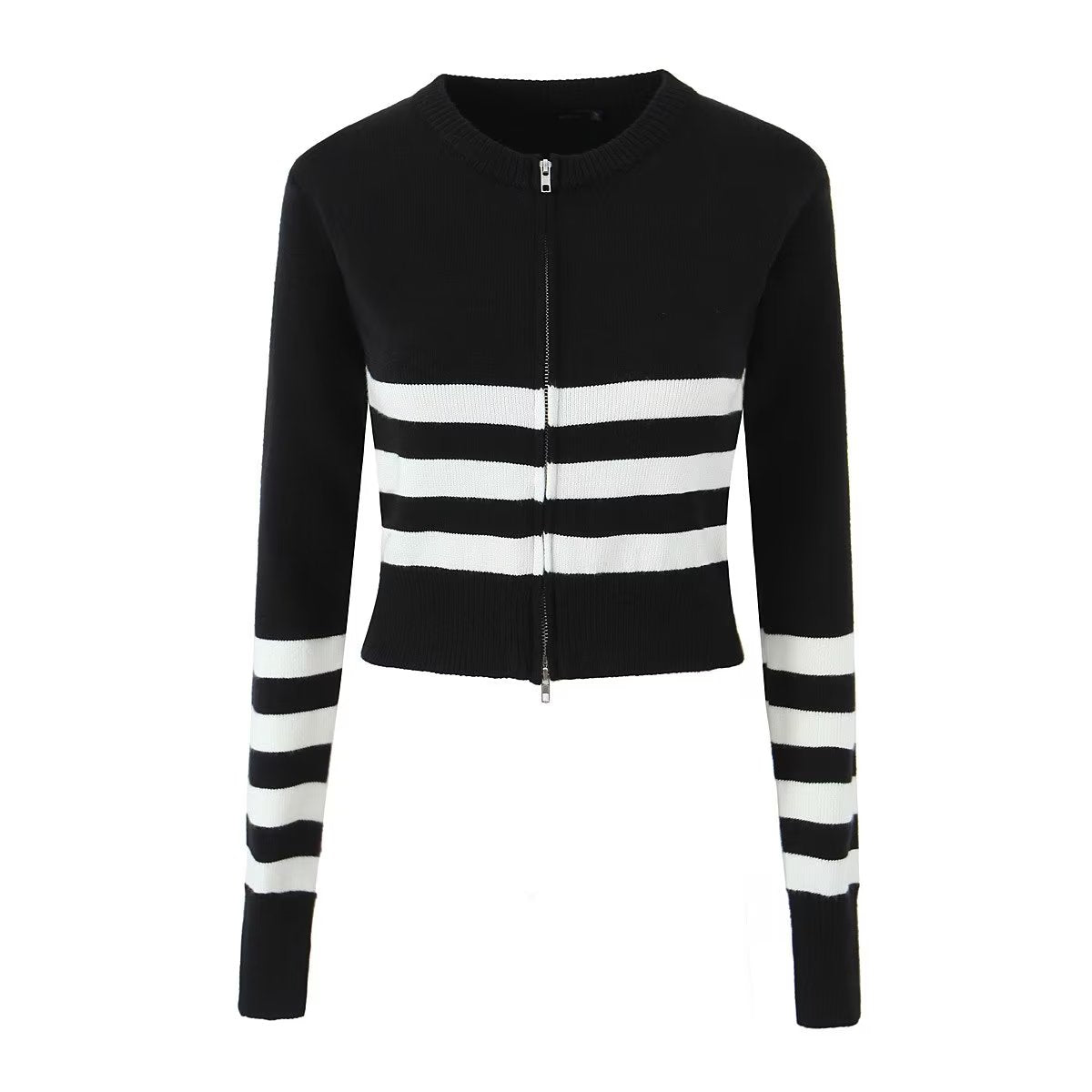 Simple Double Zipper Design Small Sweater Summer Long Sleeve Top Crew Neck Striped Short Cardigan