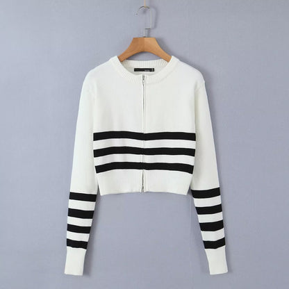 Simple Double Zipper Design Small Sweater Summer Long Sleeve Top Crew Neck Striped Short Cardigan