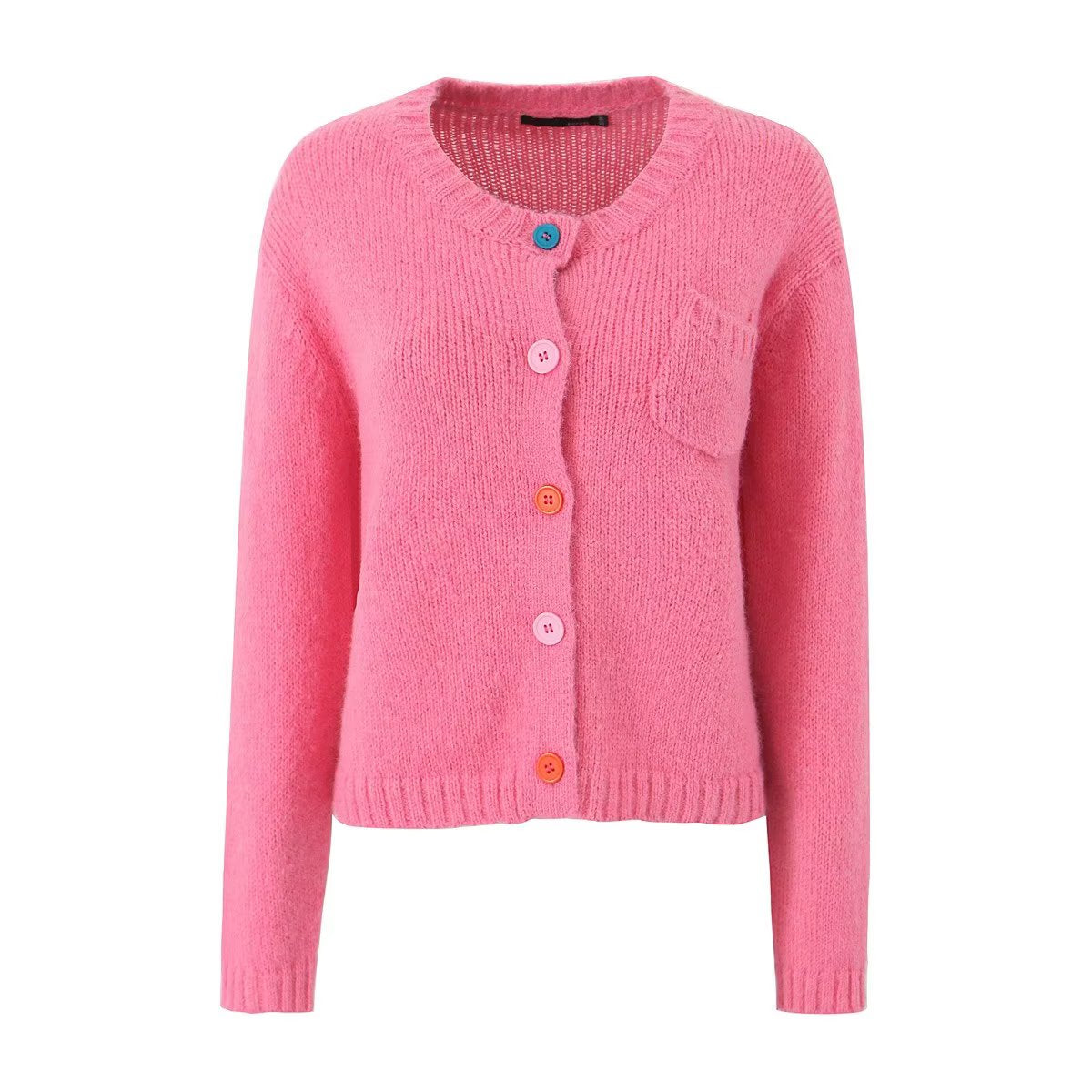 Fall round Neck Straight Single Breasted Cardigan Knitted Long Sleeve Pocket Women Sweater