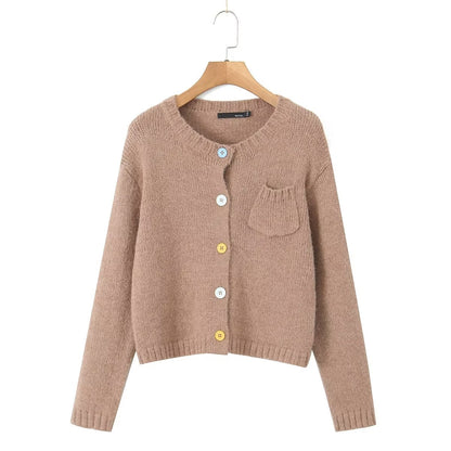 Fall round Neck Straight Single Breasted Cardigan Knitted Long Sleeve Pocket Women Sweater