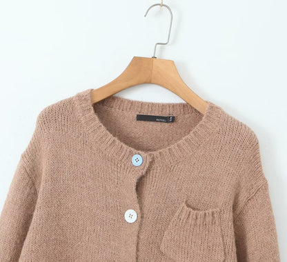 Fall round Neck Straight Single Breasted Cardigan Knitted Long Sleeve Pocket Women Sweater
