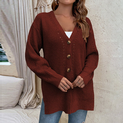 Autumn Winter Hollow Out Cutout Cardigan Sweater Women Button Slit Knit Sweater Coat