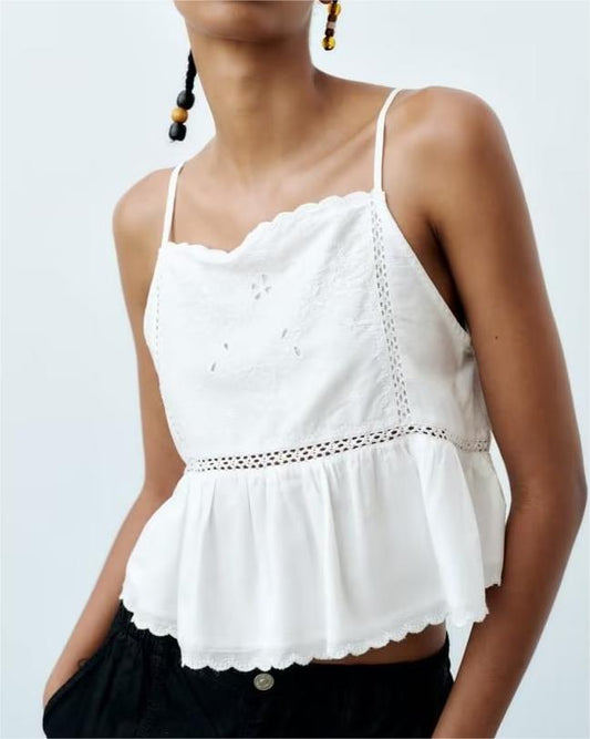 Women White Sweet Camisole Hollow Out Cutout out Stitching Loose Embroidery Outerwear Top