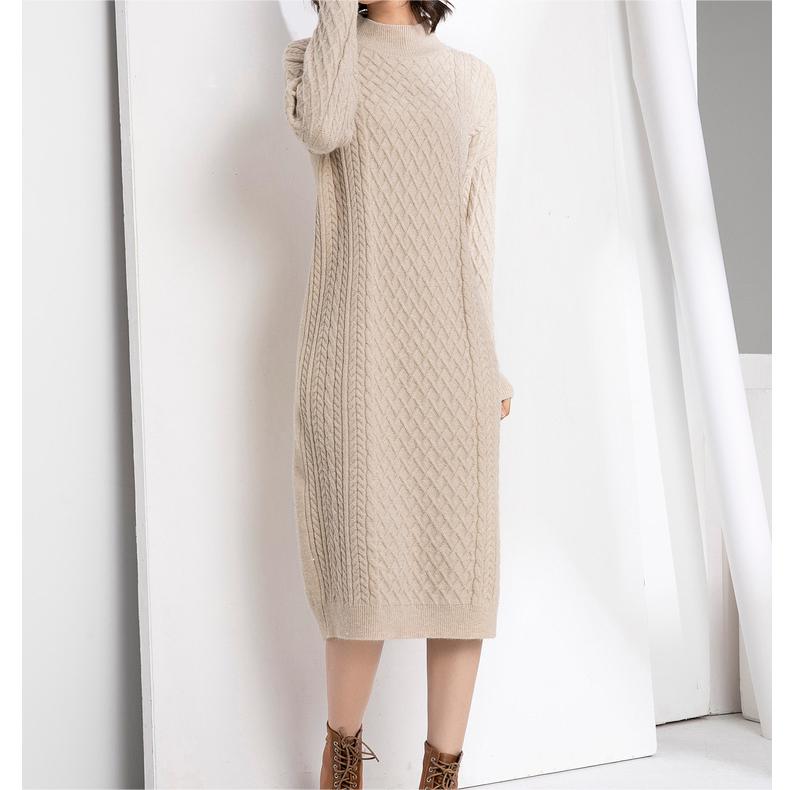 Autumn Winter Half High Collar Sweater Women Knitted Dress Mid Length Loose Over Knee Thickened Base Non Slit Woolen