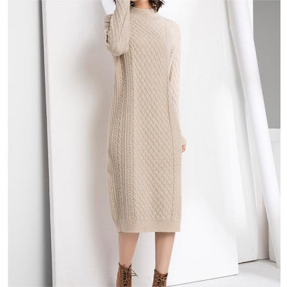 Autumn Winter Half High Collar Sweater Women Knitted Dress Mid Length Loose Over Knee Thickened Base Non Slit Woolen