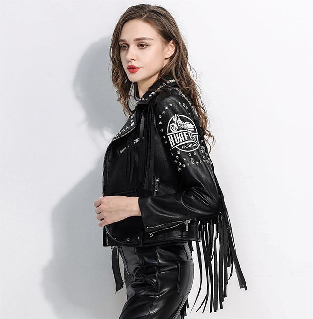 Motorcycle Leather Coat Women Spring Autumn Personality Rivet Tassel Harley Motorcycle Leather Jacket Coat