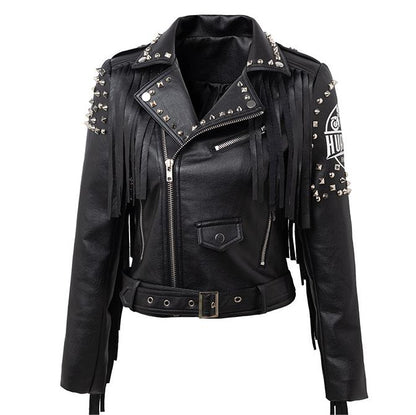 Motorcycle Leather Coat Women Spring Autumn Personality Rivet Tassel Harley Motorcycle Leather Jacket Coat