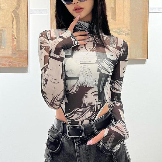 Street Cartoon Characters Printed Turtleneck Grenadine T shirt Stretch Tight Long Sleeve Bottoming Personalized Jumpsuit