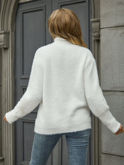 Autumn Winter Women Pullover High Collar Plush Sweater Solid Color Sweater