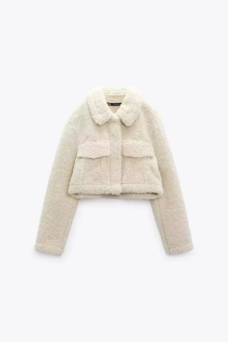 Fall Winter Fleece Warm Jacket Coat Collared Short Top Imitation Lamb Wool Casual Women Clothing
