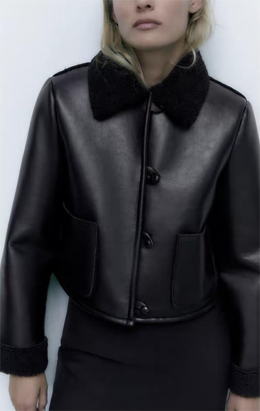 Women Leather Ring Loop Coat Black Short