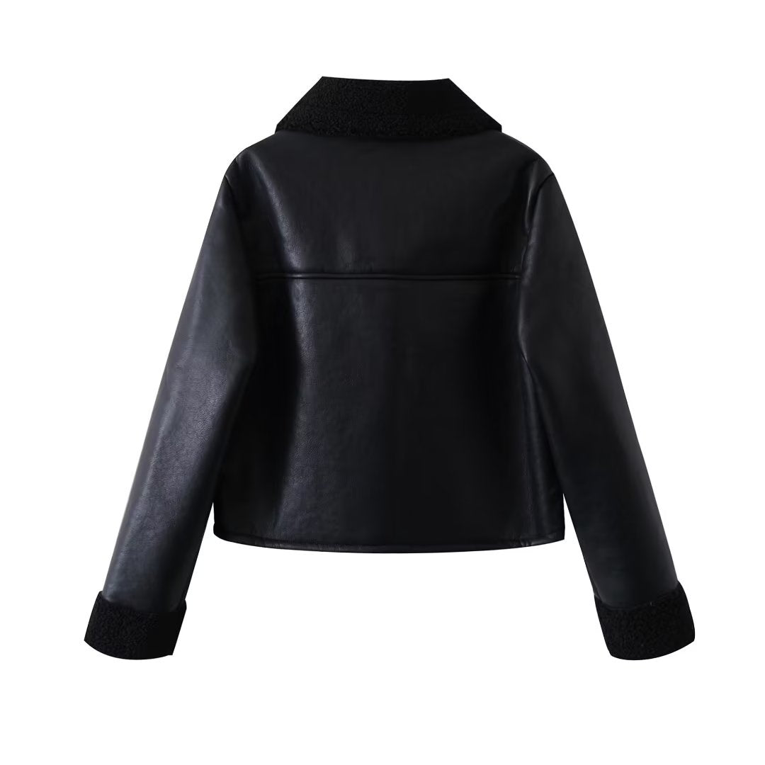 Women Leather Ring Loop Coat Black Short
