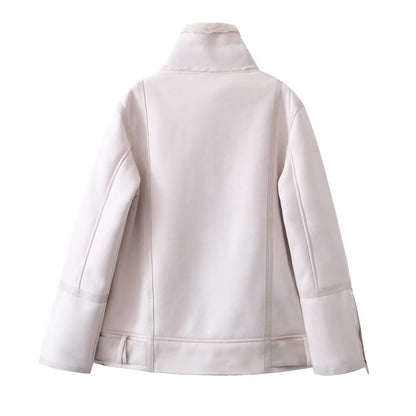 Women Clothing Rabbit Fur Stand Collar Zipper Ornament All Matching Long Sleeved Jacket Coat