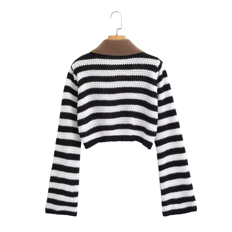 Vintage Stripe Contrast Color Lapels Knitted Cardigan Women Niche Design Loose Short Sexy Top