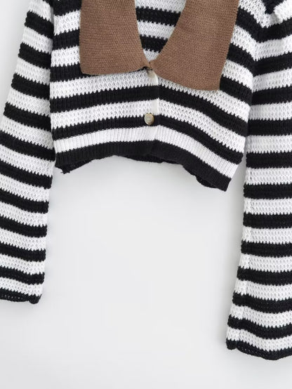 Vintage Stripe Contrast Color Lapels Knitted Cardigan Women Niche Design Loose Short Sexy Top