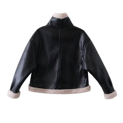 Autumn Winter Basic Black Breathing Leather Loose Jacket Short Coat