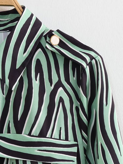 Women Clothing French Waist Slimming Zebra Pattern Printed Shirt Long Sleeve Dress