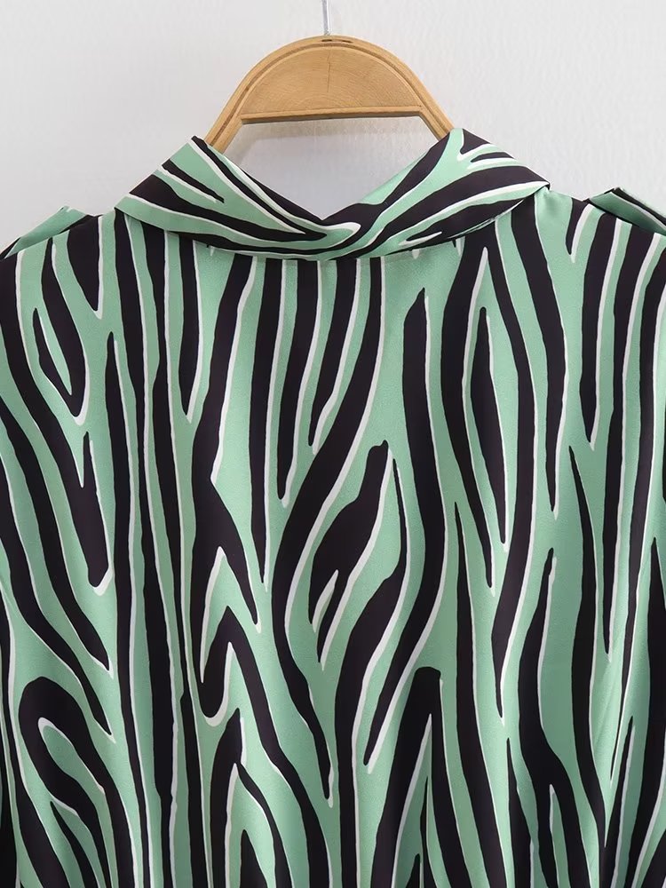 Women Clothing French Waist Slimming Zebra Pattern Printed Shirt Long Sleeve Dress