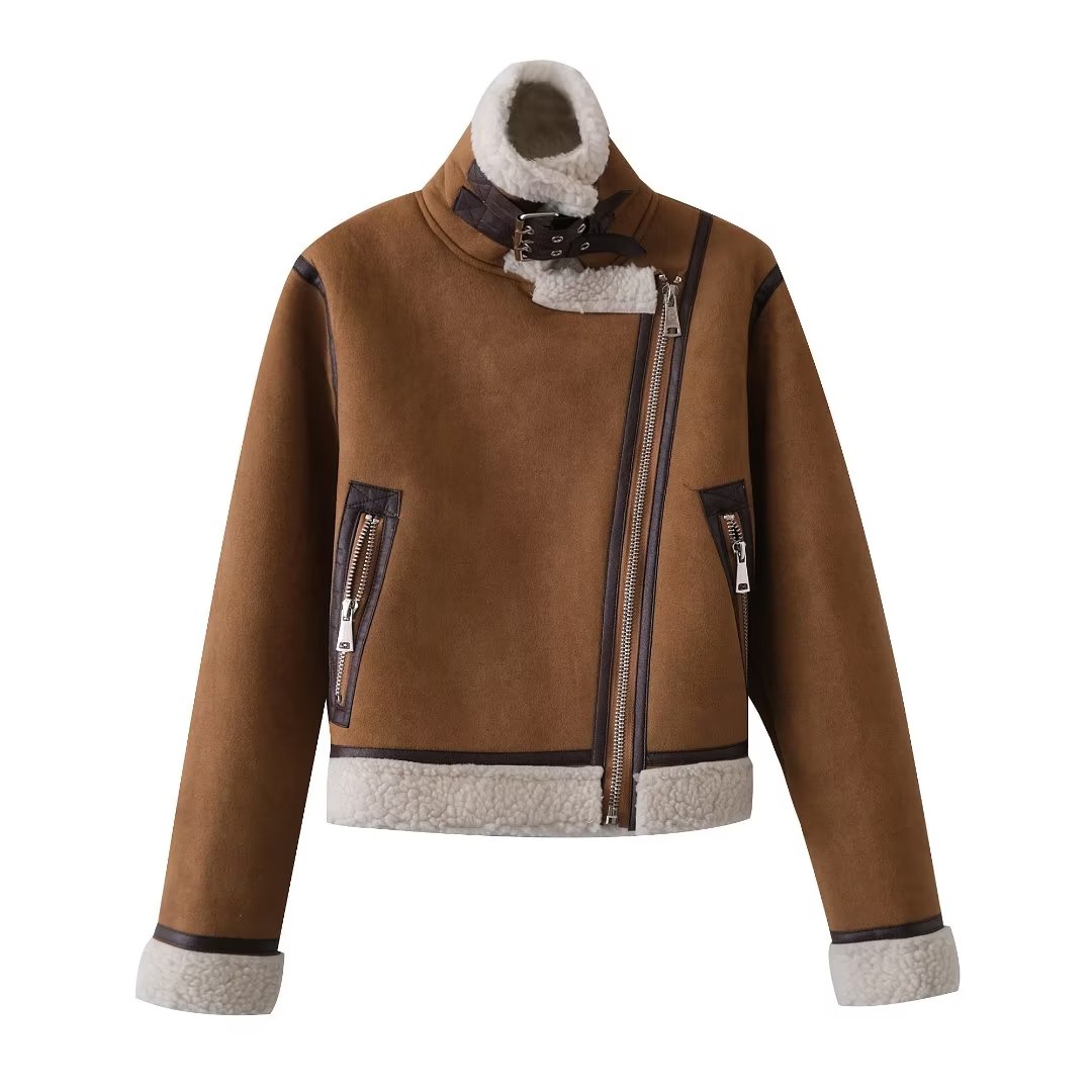 Autumn Winter High Street Small Thickened Faux Shearling Jacket Suede Fabric Jacket Coat